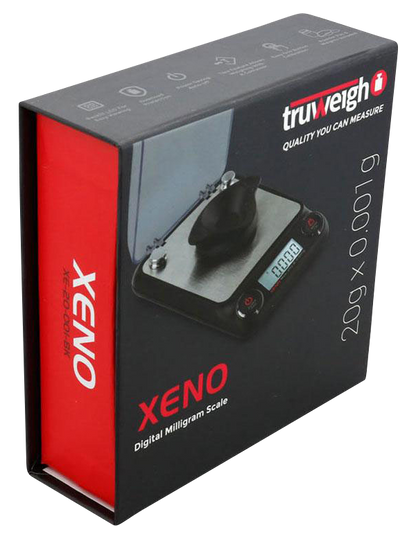 Front view of the Truweigh Xeno Digital Milligram Scale, displaying a sleek black design with a bright digital readout.