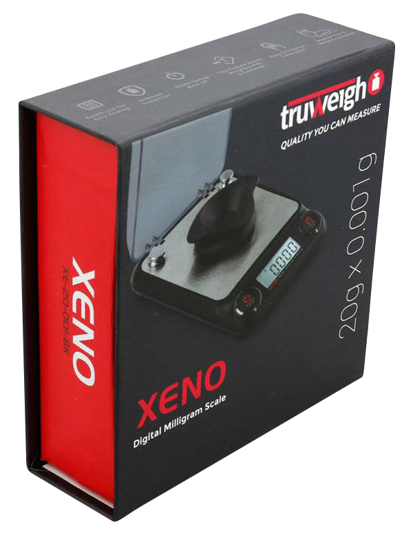 Front view of the Truweigh Xeno Digital Milligram Scale, displaying a sleek black design with a bright digital readout.