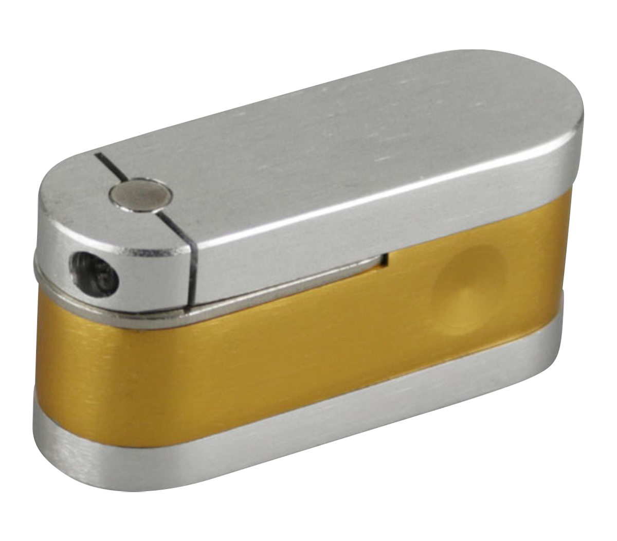 A close-up, angled view of the Two Tone Metal Twist-Out Pipe with Storage, featuring a metallic finish and compact size.