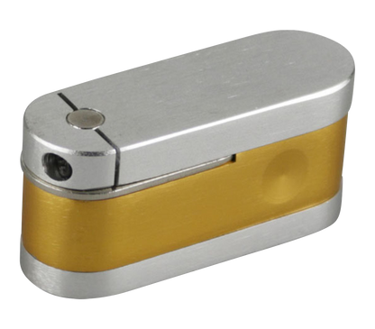 A close-up, angled view of the Two Tone Metal Twist-Out Pipe with Storage, featuring a metallic finish and compact size.