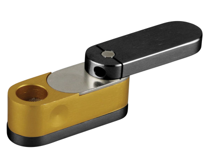 A side view of the Two Tone Metal Twist-Out Pipe with Storage, showing its metallic, two-toned finish and open twist-out mechanism.