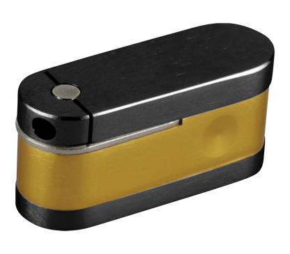 Front view of the Two Tone Metal Twist-Out Pipe with Storage, showcasing its metallic two-tone design and compact, cylindrical form.