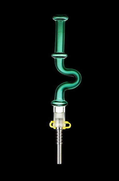 A straight-on view of the U-Bend Neck Vapor Dab Straw with Titanium Tip, showing its curved neck and metallic tip against a black background.