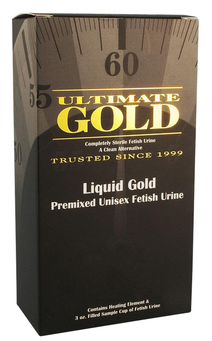 Front view of the Ultimate Gold Liquid Gold Premixed Unisex Fetish Urine bottle with a black background and gold lettering.