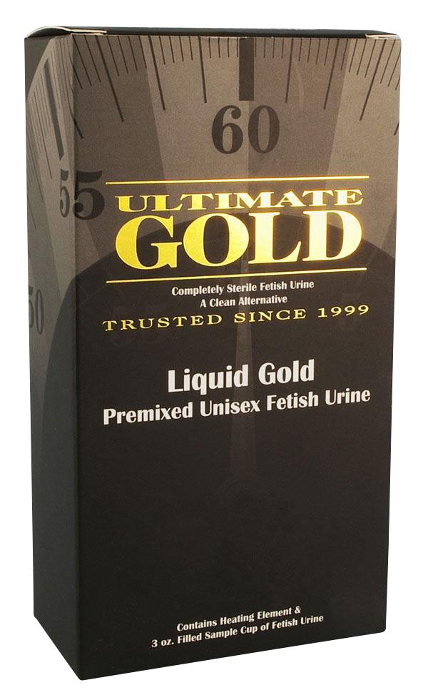 Front view of the Ultimate Gold Liquid Gold Premixed Unisex Fetish Urine bottle with a black background and gold lettering.
