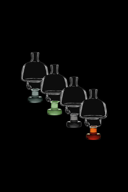 A studio shot displays several Universal Directional Carb Caps in varying shades of transparent glass, arranged in a vertical line.