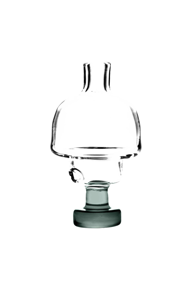 A close-up, angled view of the Universal Directional Carb Cap, showcasing its smooth, dark glass construction.