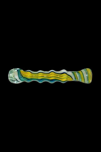 Hand pipe with colorful glass swirls.