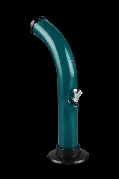 Emerald green glass water pipe with a flared base, isolated on a black background.