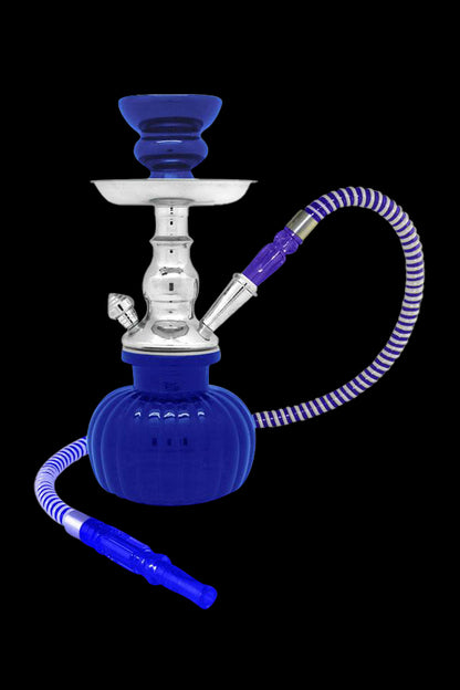 Blue hookah with silver accents and a coiled hose against a black background.
