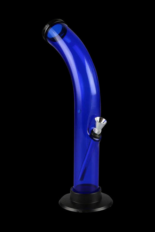 Blue glass bong with a flared base, isolated on a black background.