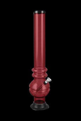 Red acrylic water pipe (bubbler) against a black background.