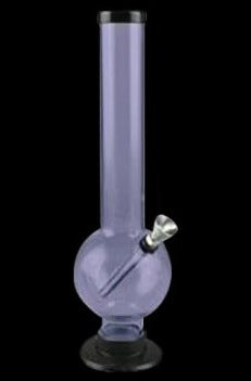 Purple glass water pipe (bong) with a clear mouthpiece.