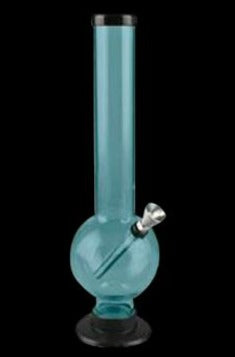 Turquoise glass water pipe (bong) with a flared mouthpiece.