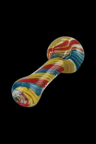 Colorful glass smoking pipe against a black background.
