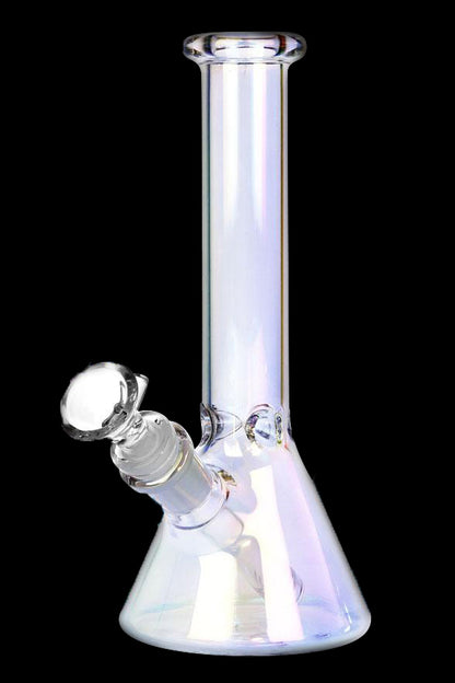 Iridescent glass bong against a black background.