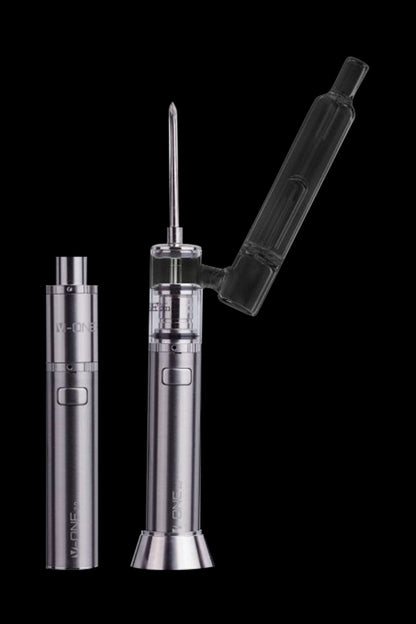 Silver cannabis dab pen with glass mouthpiece, shown disassembled and assembled.