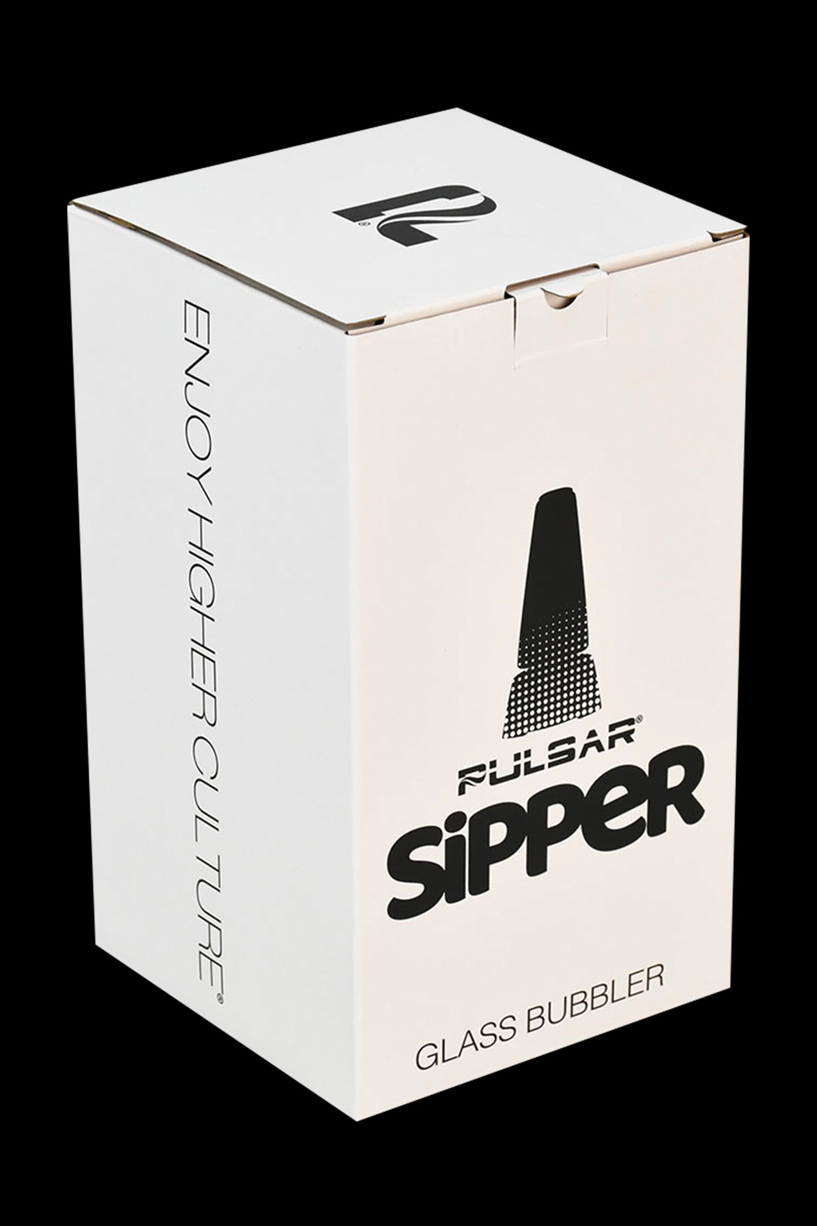 Packaging for Pulsar Sipper glass bubbler, featuring a sleek design with black text and a silhouette of the bubbler.