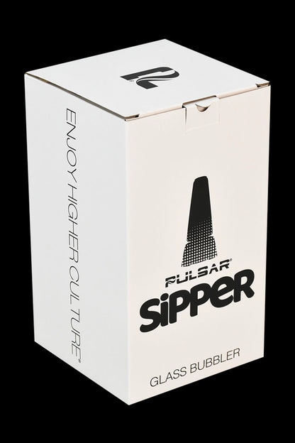 Packaging for Pulsar Sipper glass bubbler, featuring a sleek design with black text and a silhouette of the bubbler.