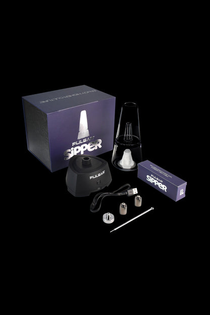 Pulsar Sipper e-nail kit displayed with box, device, accessories, and carrying case on a black background.