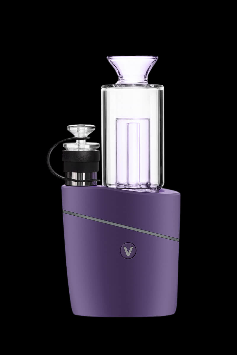 Purple cannabis vaporizer with a glass bubbler attachment.