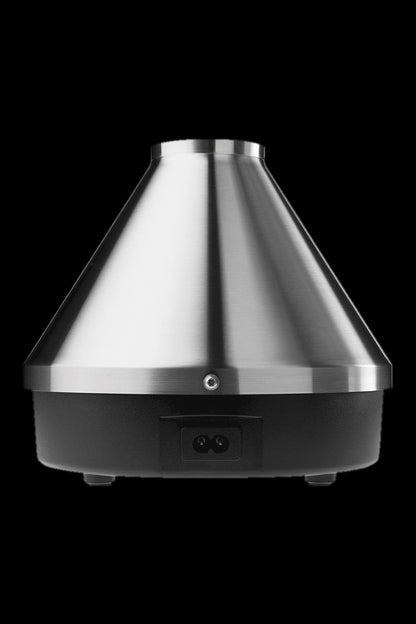 Silver cannabis vaporizer on a black surface.