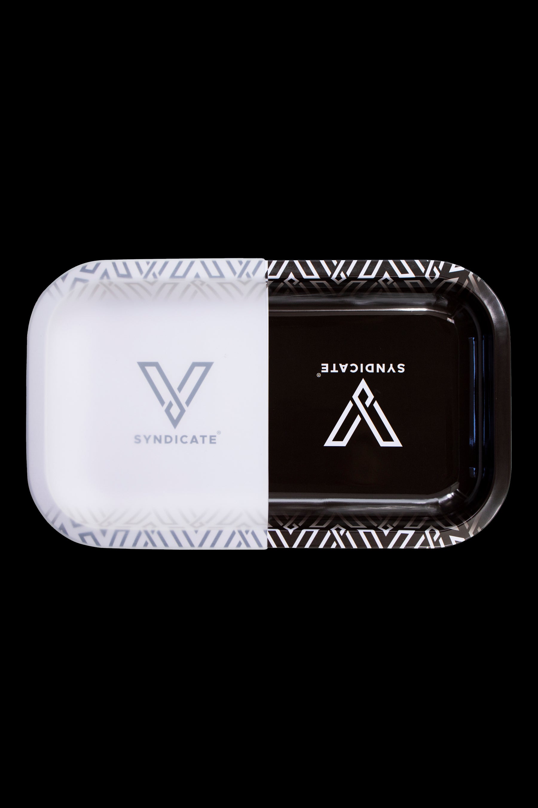 White and black Syndicate branded cannabis storage boxes with geometric patterns.