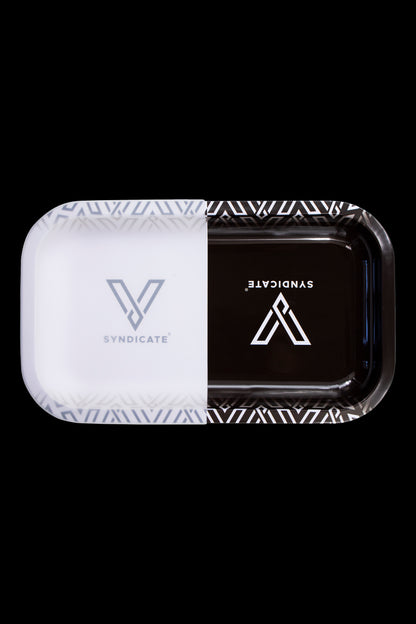 White and black Syndicate branded cannabis storage boxes with geometric patterns.