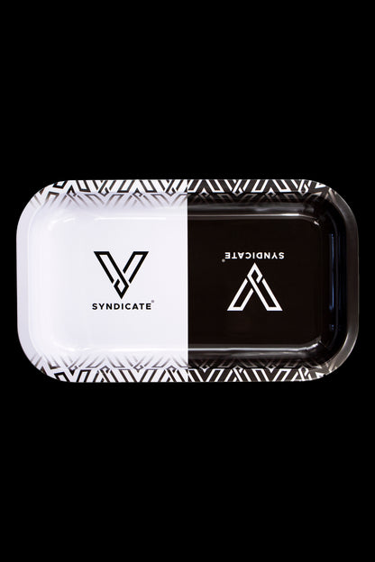 Syndicate branded rolling tray, split between white and black with a geometric pattern.