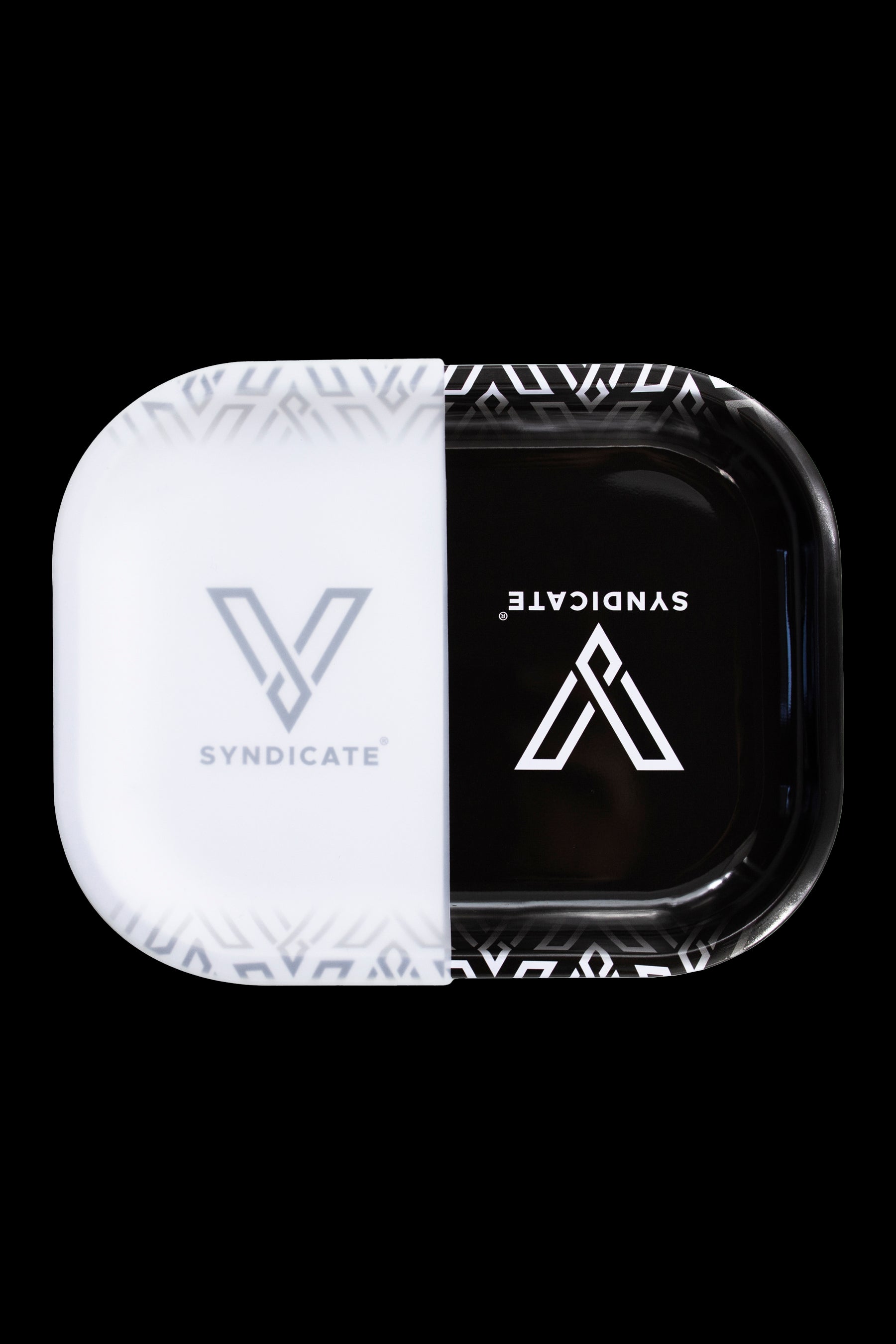 White and black Syndicate rolling case with geometric pattern, closed.
