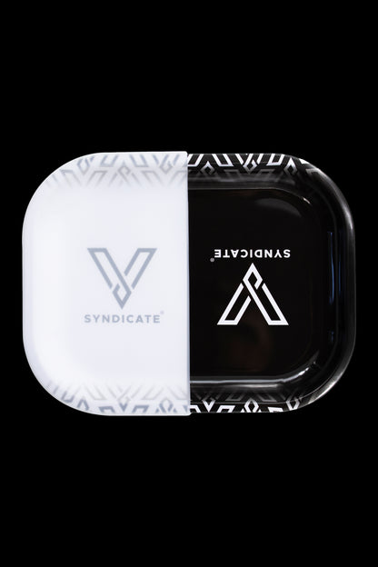 White and black Syndicate rolling case with geometric pattern, closed.