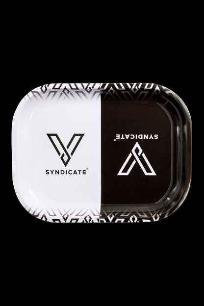 Syndicate branded rolling tray, half white and half black with a geometric logo.