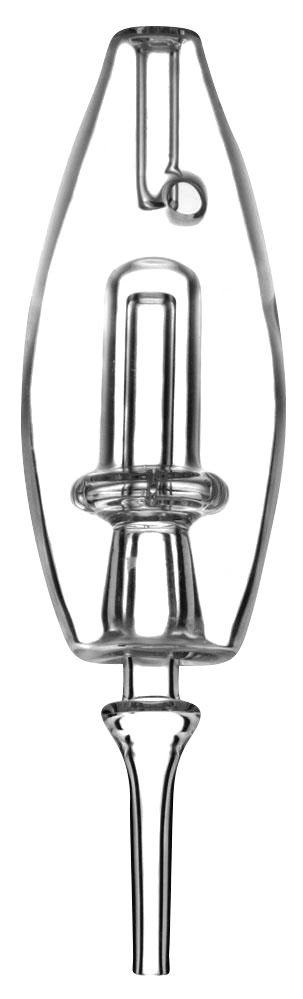 A close-up, angled view of the Vapor Straw Quartz Tip - 10mm Male, showing its clear glass construction and slender, tapered design.