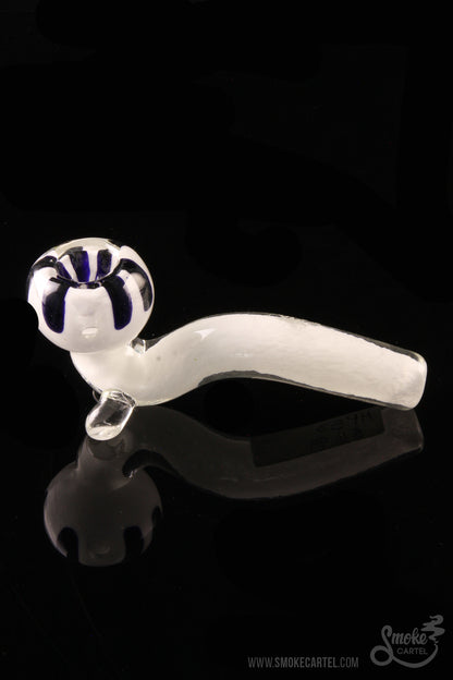 Front view of the White Fritted Sherlock with Black 'Daisy' Fritted Bowl, resting on a reflective surface with a detailed, patterned bowl.