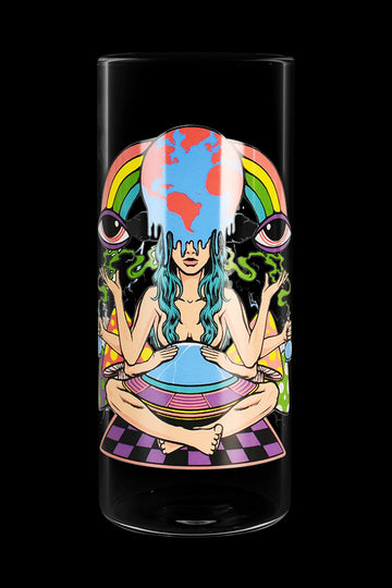 Psychedelic illustration of a meditative woman with multiple arms and eyes, holding a glowing orb depicting Earth, on a cylindrical cannabis container. - Pulsar Meditation Gravity Water Pipe