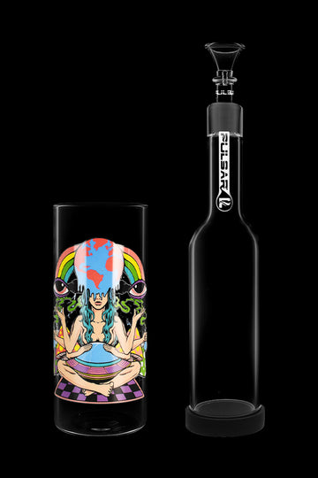 A glass water pipe with psychedelic art featuring a meditating woman and eyes, alongside a clear glass display case. - Pulsar Meditation Gravity Water Pipe