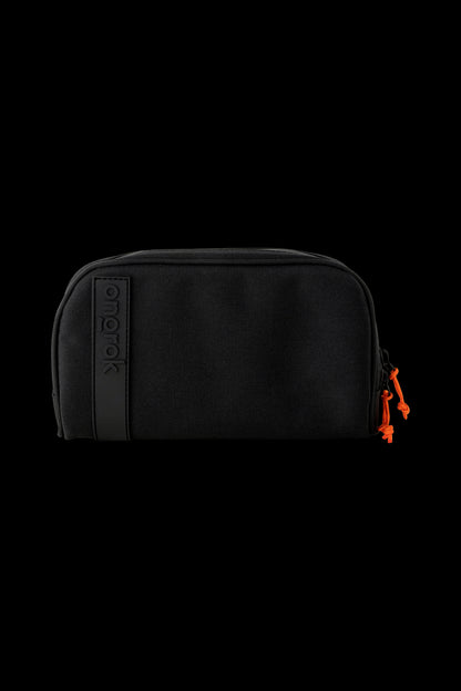 Black cannabis storage case with orange zipper pulls and “smokey” branding.