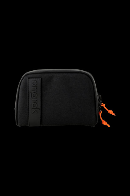 Black cannabis accessories case with orange zipper pulls and “onarok” logo.