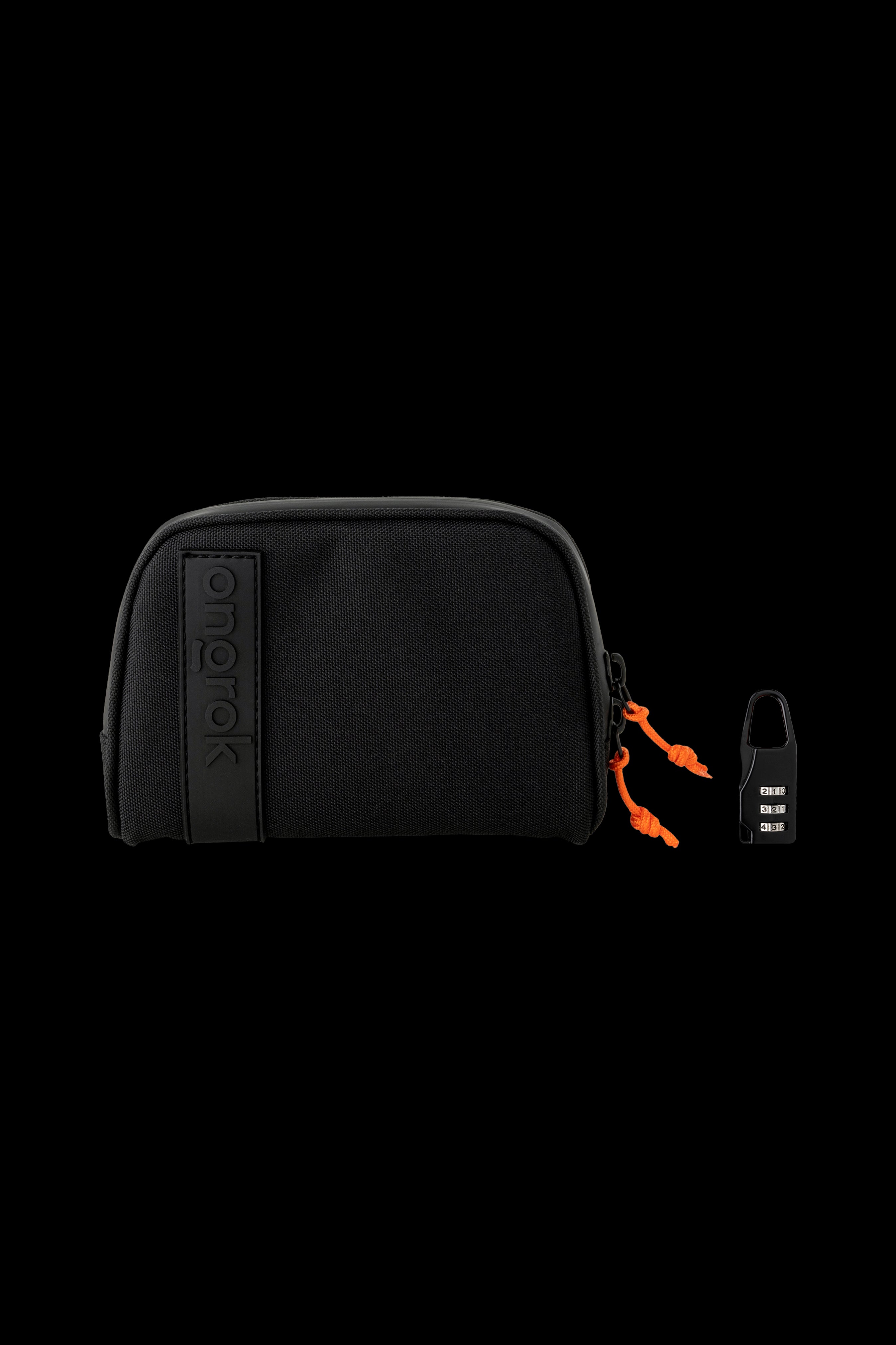 Black zippered cannabis storage case with a combination lock and orange pull cord, branded “Smokiez.”