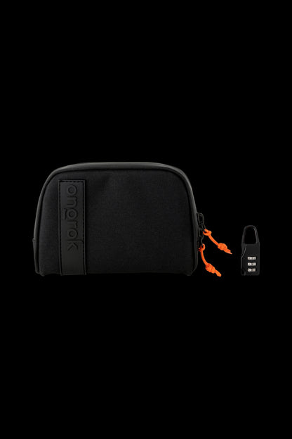 Black zippered cannabis storage case with a combination lock and orange pull cord, branded “Smokiez.”