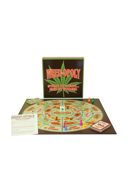 A top-down view of the Weedopoly Board Game laid out with a colorful game board and cards, as if ready to play.