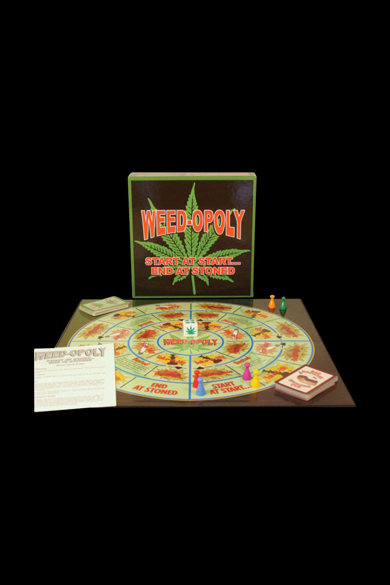 Overhead view of the Weedopoly Board Game with colorful playing pieces arranged on its circular game board.