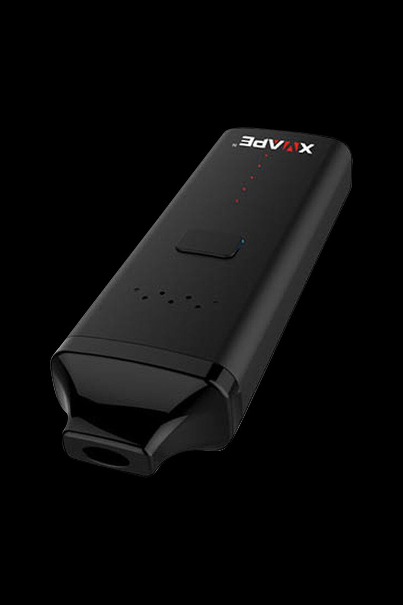 Front view of the XVAPE Avant Dry Herb Vaporizer, a sleek, black handheld device shown against a dark background.