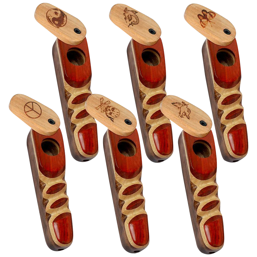 A close-up, angled view of the Wood Spoon Pipe with Engraved Swivel Lid, showcasing its detailed wood carving and lid design.