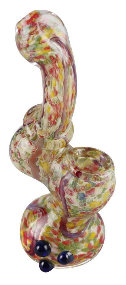 A front view of the Worked Beaded Mini Bubbler Pipe, showing its colorful glass and beaded accents.