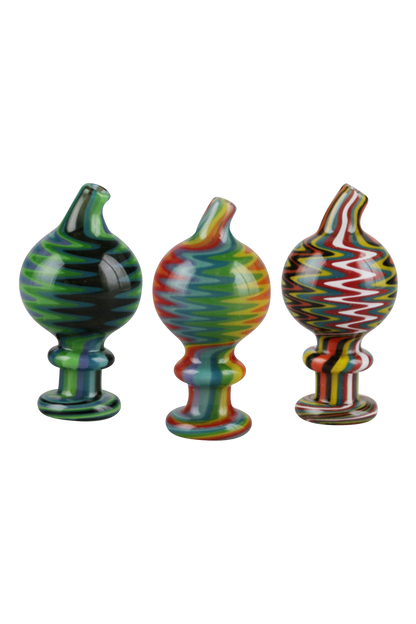 Front view of the Trippy Worked Glass Carb Cap, showcasing its colorful, swirled glass construction against a white backdrop.