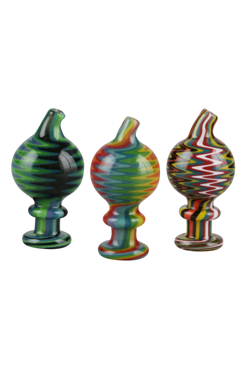 Front view of the Trippy Worked Glass Carb Cap, showcasing its colorful, swirled glass construction against a white backdrop.