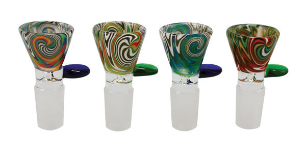 Front view of the Funnel Shaped Worked Herb Slide, showing a colorful glass piece with a swirling pattern and a simple, functional design.