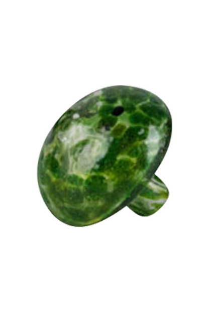 Close-up view of the Worked Mushroom Carb Cap, a rounded, dark glass cap angled against a plain background.