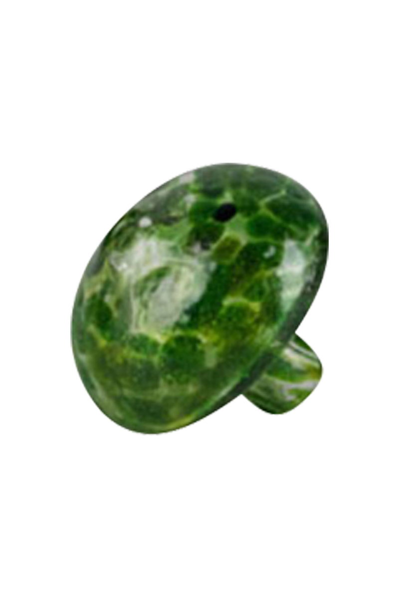 Close-up view of the Worked Mushroom Carb Cap, a rounded, dark glass cap angled against a plain background.